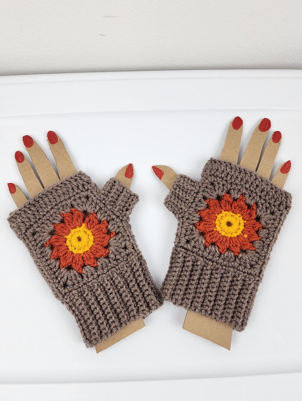 Brand New handmade brown crochet fingerless gloves orange yellow flower